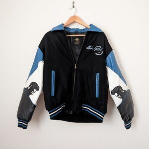 Elvis Presley Black Blue Leather Wool Guitar Bomber Starter Varsity Jacket Coat